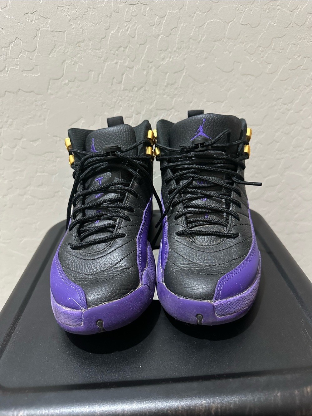 Jordan Black & Purple High-Top Basketball Sneakers with Gold Accents
